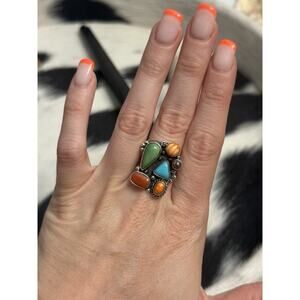 Native American SW Sterling Silver Multi-stone Ring Turquoise Coral Spiny Size 8